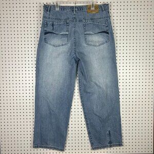 Attitude Y2K Baggy Jeans 38x31 Light Wash Stitched Embroidered Wide Leg Blue 90s